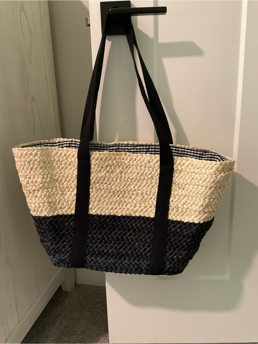 Vineyard Vines NWOT Two Tone Woven Straw Tote Bag Gingham Lining